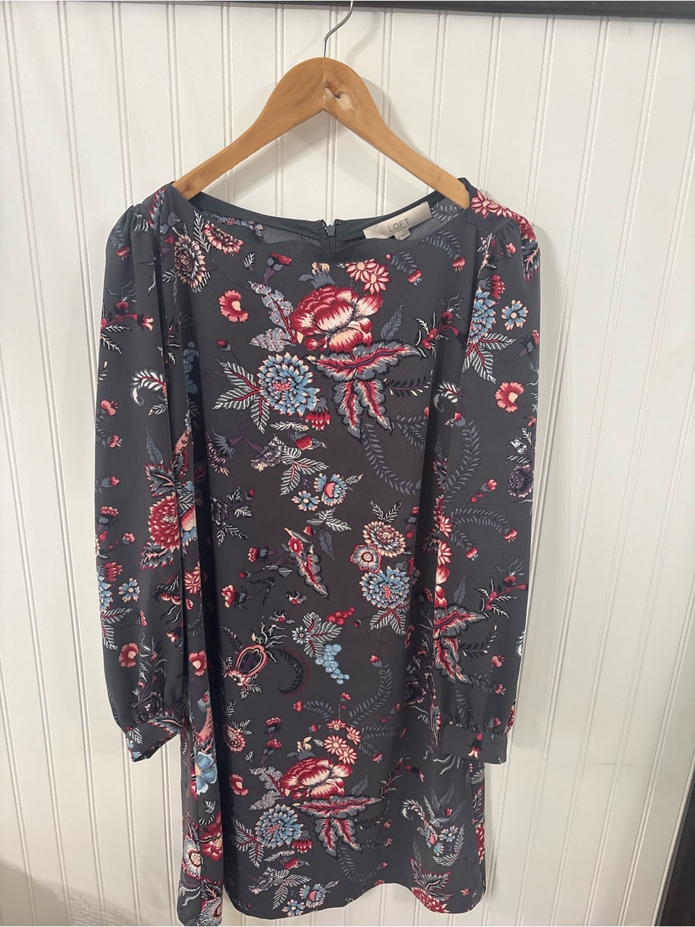 LOFT Charcoal Floral Long-Sleeve Shift Dress with Red and Blue Accents